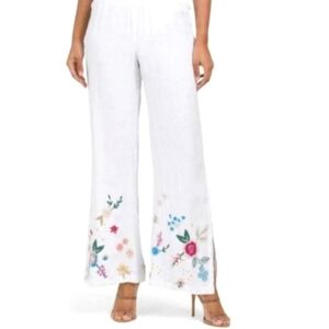 NEW! JOHNNY WAS LOS ANGELES Linen Martine Embroidered High Slit Palazzo Pants XS